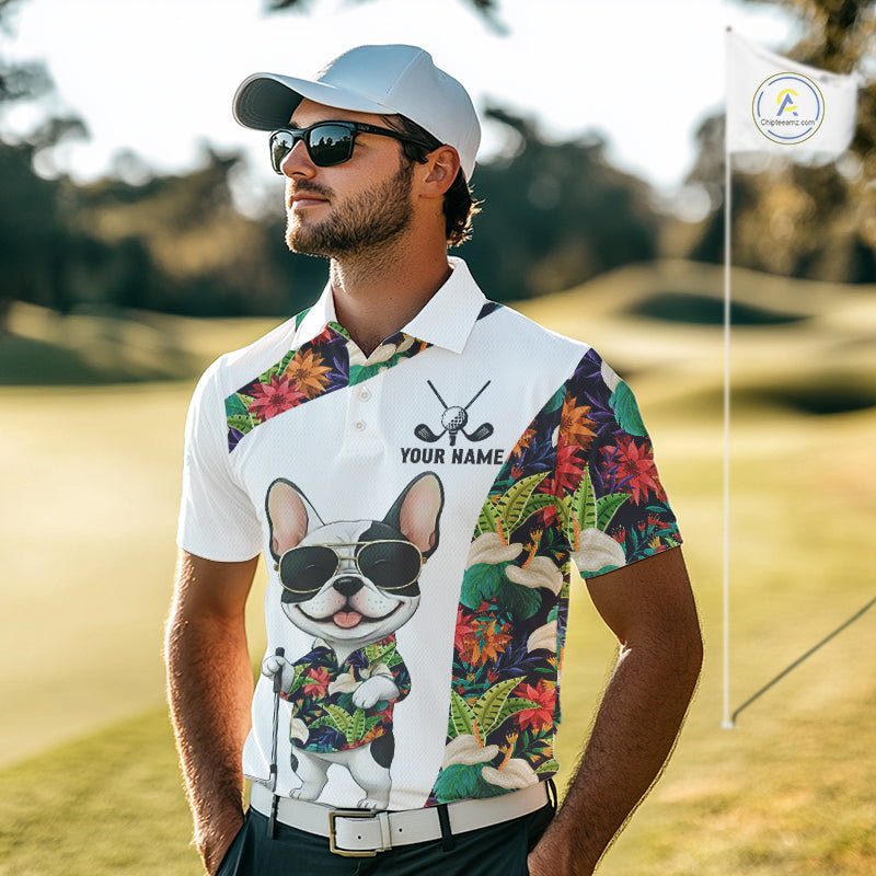 Funny Mens Golf Polo Shirt Custom Tropical Leaf Pattern Personalized Bulldog Golf Shirts For Men NHN0067
