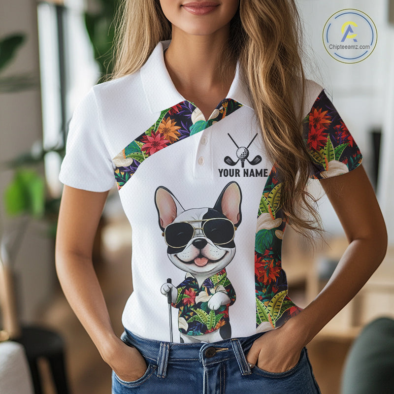 Funny Womens Golf Polo Shirt Custom Tropical Leaf Pattern Personalized Bulldog Golf Shirts For Women NHN0067