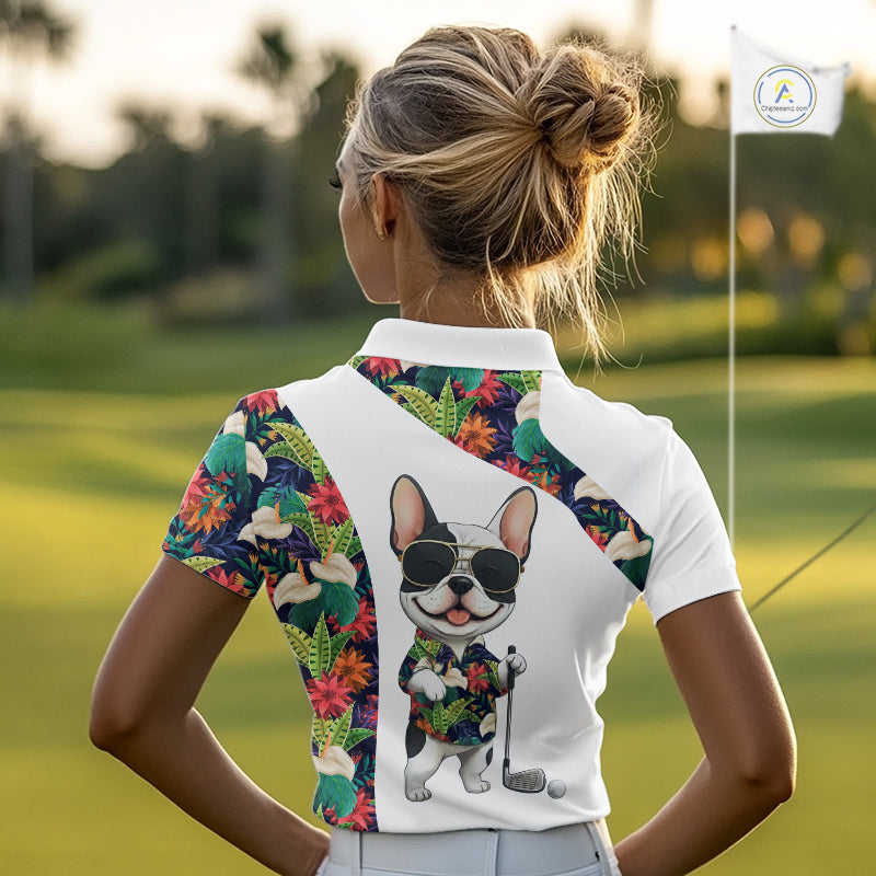 Funny Womens Golf Polo Shirt Custom Tropical Leaf Pattern Personalized Bulldog Golf Shirts For Women NHN0067