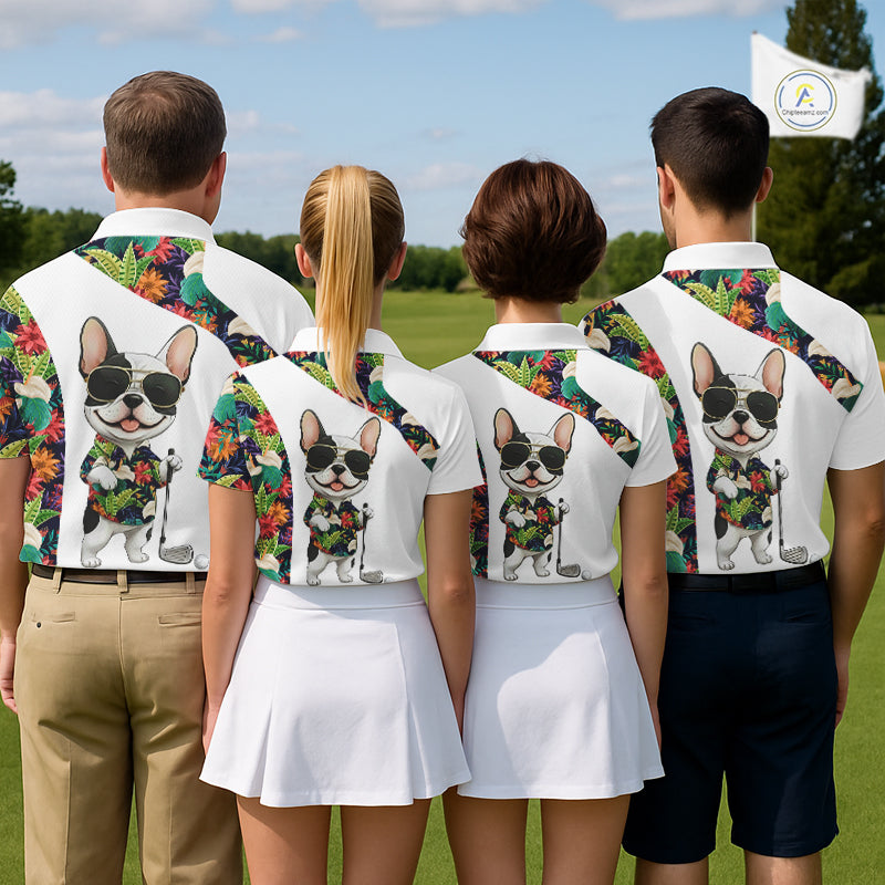 Funny Womens Golf Polo Shirt Custom Tropical Leaf Pattern Personalized Bulldog Golf Shirts For Women NHN0067