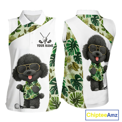 Funny Womens Sleeveless Golf Polo Shirt Tropical Leaf Pattern Personalized Poodle Dog Golf Shirts NHN0067