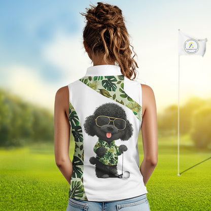 Funny Womens Sleeveless Golf Polo Shirt Tropical Leaf Pattern Personalized Poodle Dog Golf Shirts NHN0067