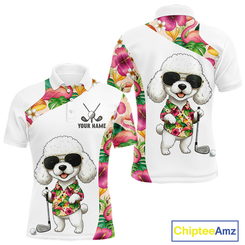Funny Mens Golf Polo Shirt Custom Tropical Flamingo Pink Pattern, White Poodle Golf Outfit For Men NHN0067