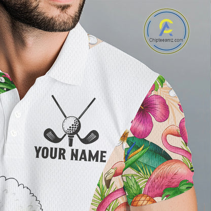 Funny Mens Golf Polo Shirt Custom Tropical Flamingo Pink Pattern, White Poodle Golf Outfit For Men NHN0067
