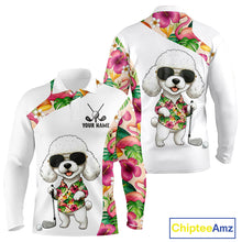 Load image into Gallery viewer, Funny Long Sleeve Golf Polo Shirt Custom Tropical Flamingo Pink Pattern, White Poodle Golf Outfit NHN0067