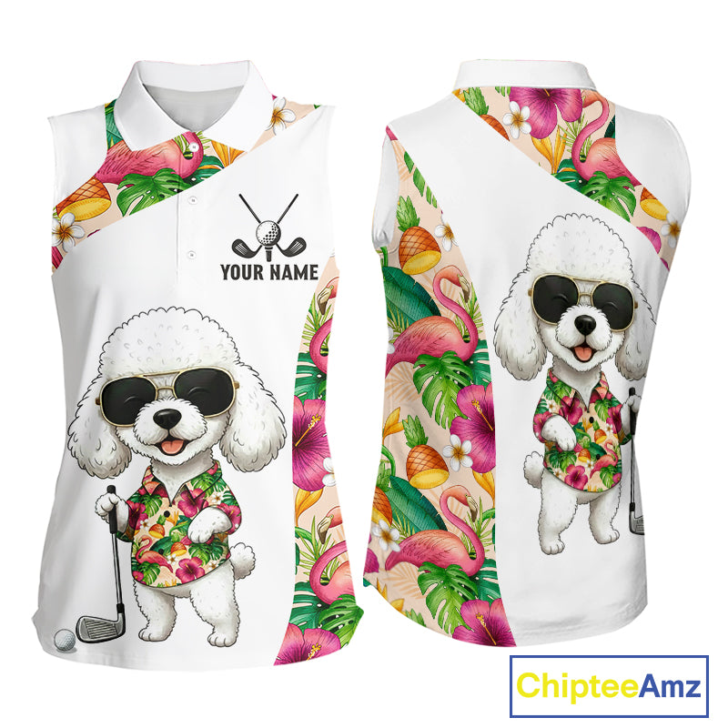 Funny Womens Sleeveless Golf Polo Shirt Custom Tropical Flamingo Pattern, White Poodle Golf Outfit NHN0067