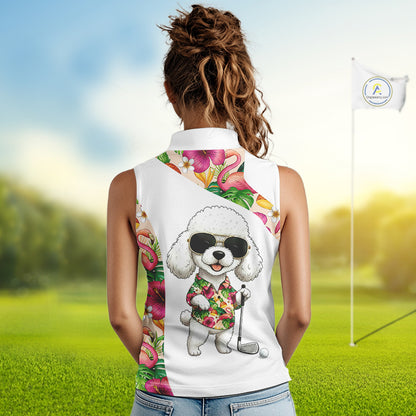 Funny Womens Sleeveless Golf Polo Shirt Custom Tropical Flamingo Pattern, White Poodle Golf Outfit NHN0067