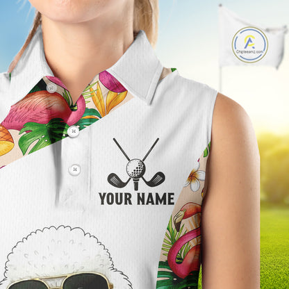 Funny Womens Sleeveless Golf Polo Shirt Custom Tropical Flamingo Pattern, White Poodle Golf Outfit NHN0067