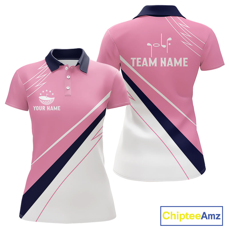 Womens Golf Polo Shirt Custom Blue And Pink Golf Shirt Personalized White Team Golf Shirts NHN0075