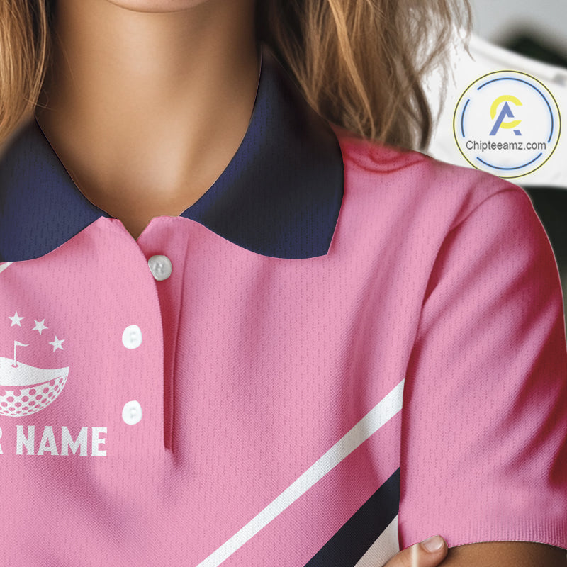 Womens Golf Polo Shirt Custom Blue And Pink Golf Shirt Personalized White Team Golf Shirts NHN0075
