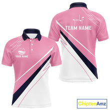 Load image into Gallery viewer, Mens Golf Polo Shirt Custom Blue And Pink Golf Shirt, White Team Golf Shirts Personalized  NHN0075