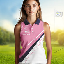 Load image into Gallery viewer, Womens Sleeveless Golf Polo Shirt Custom Blue And Pink Golf Shirt Personalized White Team Golf Shirts NHN0075