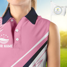 Load image into Gallery viewer, Womens Sleeveless Golf Polo Shirt Custom Blue And Pink Golf Shirt Personalized White Team Golf Shirts NHN0075