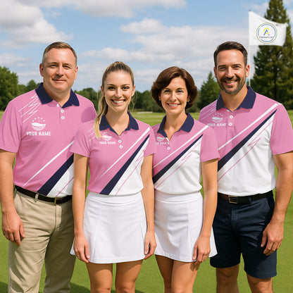 Mens Golf Polo Shirt Custom Blue And Pink Golf Shirt, White Team Golf Shirts Personalized  NHN0075