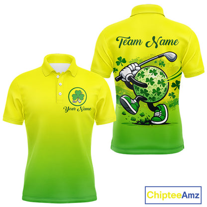 Neon Green Mens Golf Polo Shirt Custom Name Green Clover St Patrick Day Golf Shirts For Men NHN0206