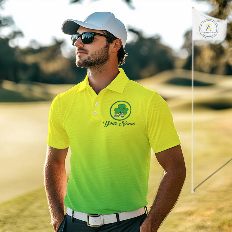 Neon Green Mens Golf Polo Shirt Custom Name Green Clover St Patrick Day Golf Shirts For Men NHN0206