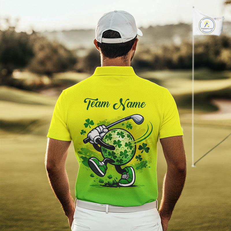 Neon Green Mens Golf Polo Shirt Custom Name Green Clover St Patrick Day Golf Shirts For Men NHN0206
