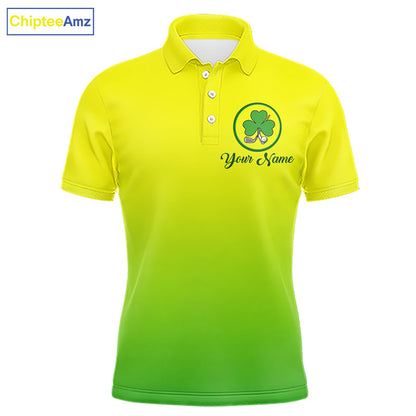 Neon Green Mens Golf Polo Shirt Custom Name Green Clover St Patrick Day Golf Shirts For Men NHN0206