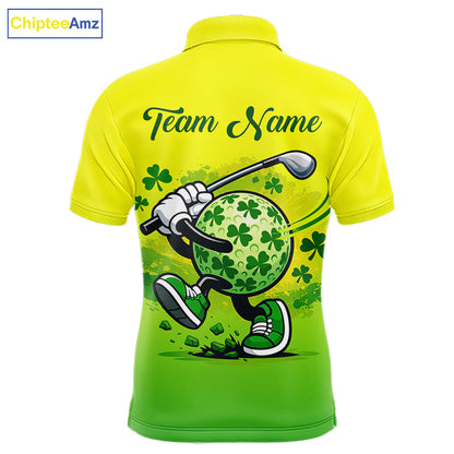 Neon Green Mens Golf Polo Shirt Custom Name Green Clover St Patrick Day Golf Shirts For Men NHN0206