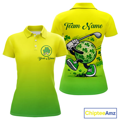 Neon Green Womens Golf Polo Shirt Custom Name Green Clover St Patrick Day Golf Shirts, Golfer Gift NHN0206