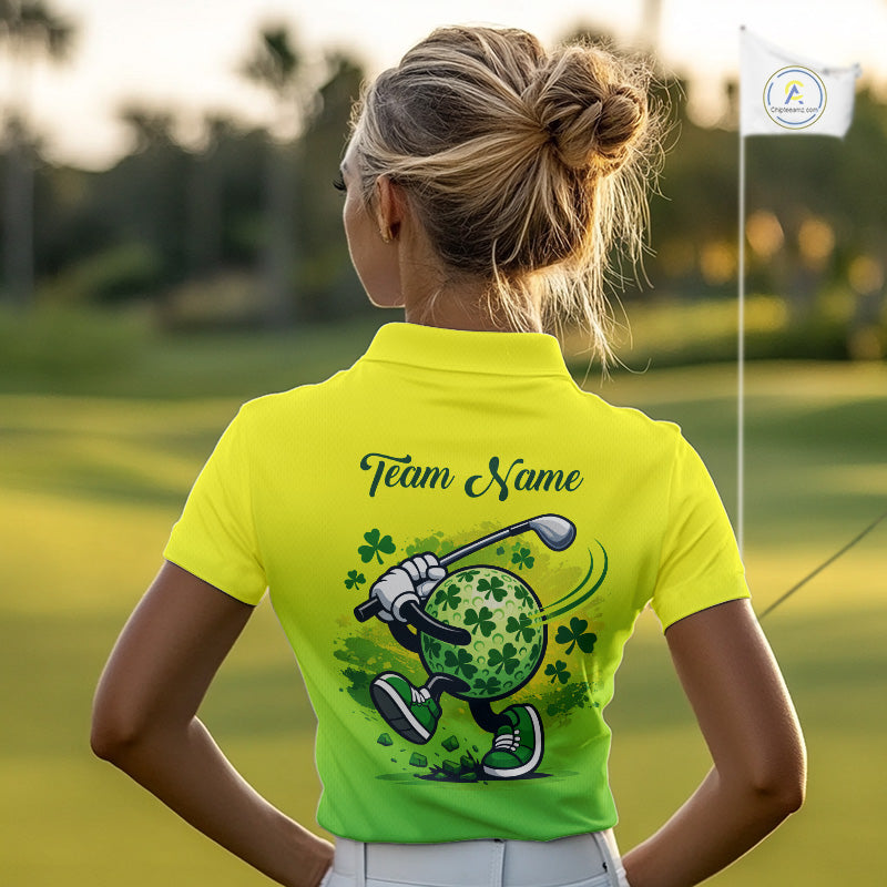 Neon Green Womens Golf Polo Shirt Custom Name Green Clover St Patrick Day Golf Shirts, Golfer Gift NHN0206