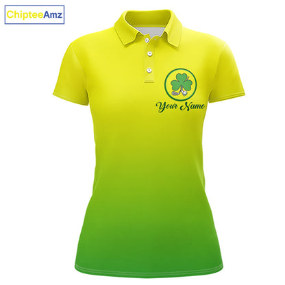 Neon Green Womens Golf Polo Shirt Custom Name Green Clover St Patrick Day Golf Shirts, Golfer Gift NHN0206