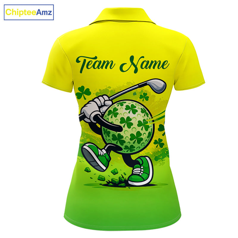 Neon Green Womens Golf Polo Shirt Custom Name Green Clover St Patrick Day Golf Shirts, Golfer Gift NHN0206
