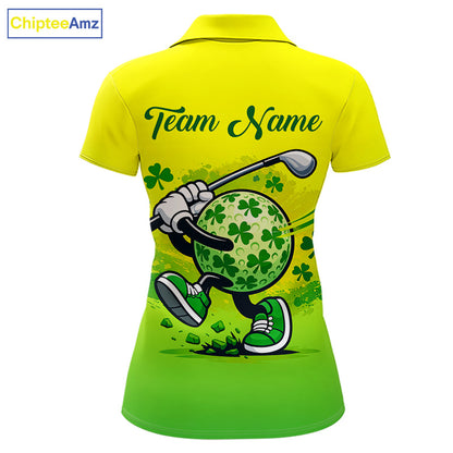 Neon Green Womens Golf Polo Shirt Custom Name Green Clover St Patrick Day Golf Shirts, Golfer Gift NHN0206