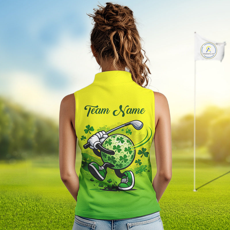 Neon Green Womens Sleeveless Golf Polo Shirt Custom Name Green Clover St Patrick Day Golf Shirts, Golfer Gift NHN0206