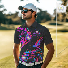 Load image into Gallery viewer, Wolf Mens Golf Polo Shirt Custom Neon Purple Pattern Team Golf Tops, Black Golf Outfit For Men NHN0085