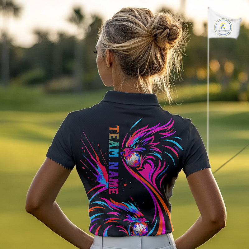 Wolf Womens Golf Polo Shirt Custom Neon Purple Pattern Team Golf Tops, Black Golf Outfit For Ladies NHN0085