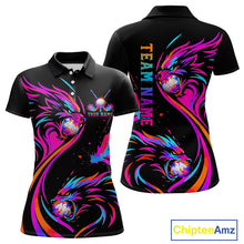 Load image into Gallery viewer, Wolf Womens Golf Polo Shirt Custom Neon Purple Pattern Team Golf Tops, Black Golf Outfit For Ladies NHN0085
