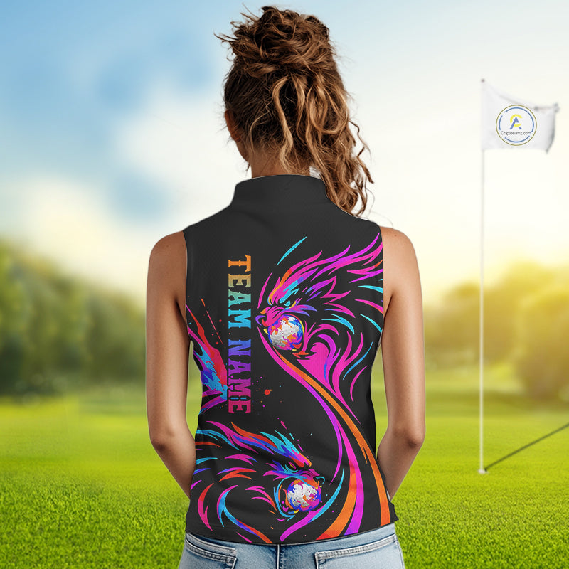 Wolf Womens Sleeveless Golf Polo Shirt Custom Neon Purple Pattern Team Golf Tops, Black Golf Outfit NHN0085