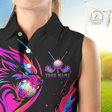 Load image into Gallery viewer, Wolf Womens Sleeveless Golf Polo Shirt Custom Neon Purple Pattern Team Golf Tops, Black Golf Outfit NHN0085