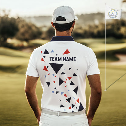 Mens Golf Polo Shirt Custom Orange And Blue Triangle Pattern Team Golf Tops, White Golf Attire NHN0086