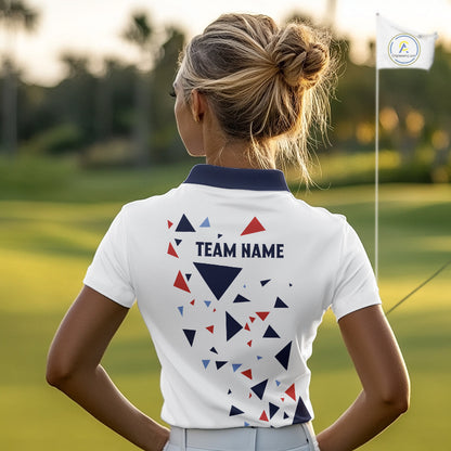 Womens Golf Polo Shirt Custom Orange And Blue Triangle Pattern Team Golf Tops, White Golf Attire NHN0086