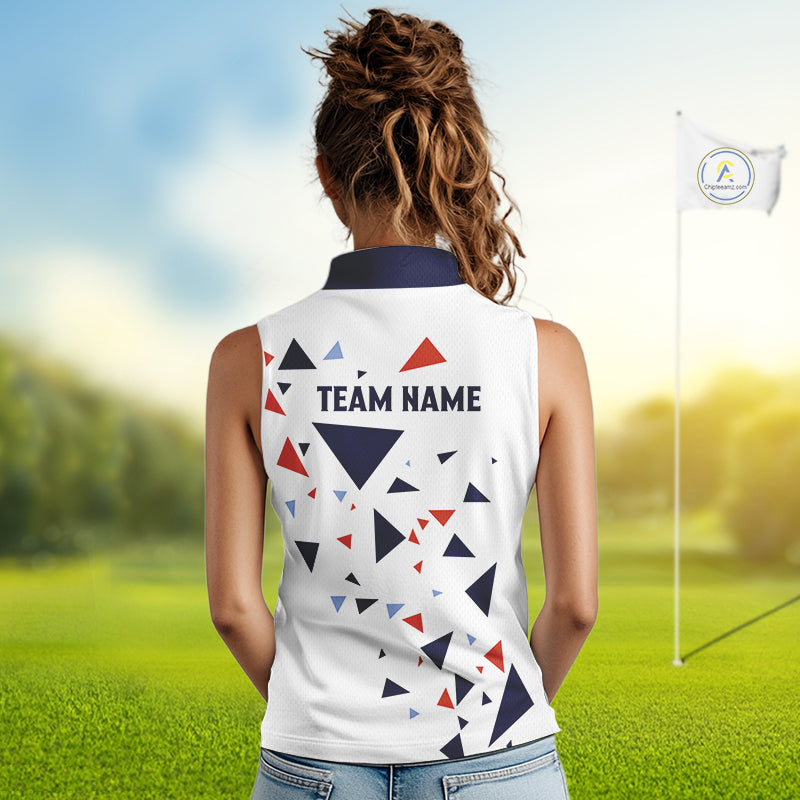Womens Sleeveless Golf Polo Shirt Custom Orange & Blue Triangle Pattern Team Golf Tops, White Golf Attire NHN0086