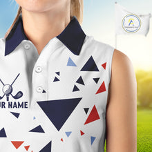 Load image into Gallery viewer, Womens Sleeveless Golf Polo Shirt Custom Orange &amp; Blue Triangle Pattern Team Golf Tops, White Golf Attire NHN0086