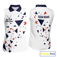 Load image into Gallery viewer, Womens Sleeveless Golf Polo Shirt Custom Orange &amp; Blue Triangle Pattern Team Golf Tops, White Golf Attire NHN0086