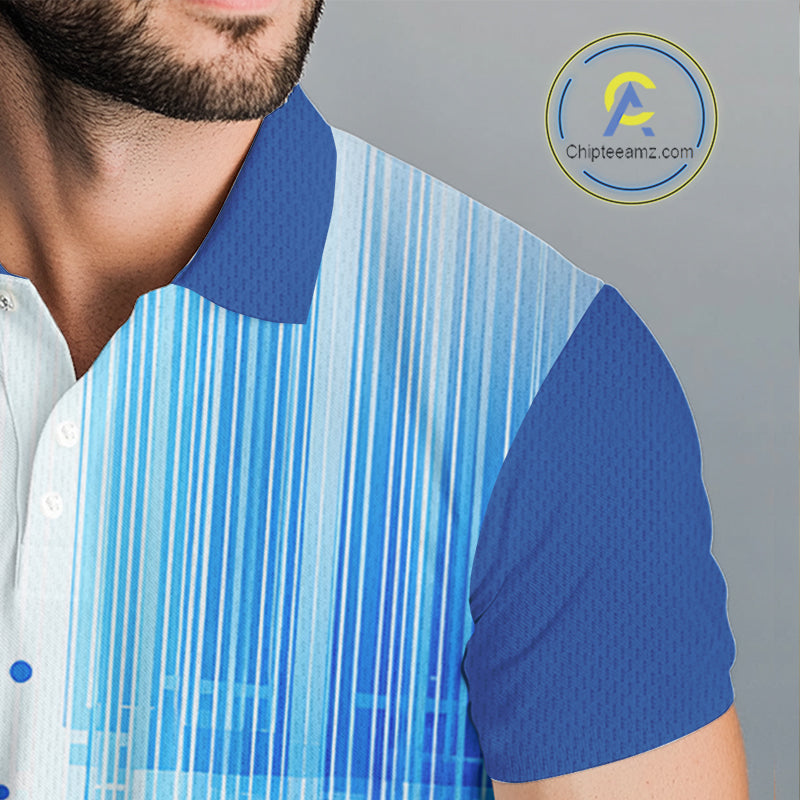Mens Golf Polo Shirt Custom Blue Pattern Team Golf Tops, White Golf Golf Outfit For Men NHN0087