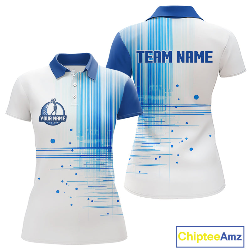 Womens Golf Polo Shirt Custom Blue Pattern Team Golf Tops, White Golf Golf Outfit For Women NHN0087