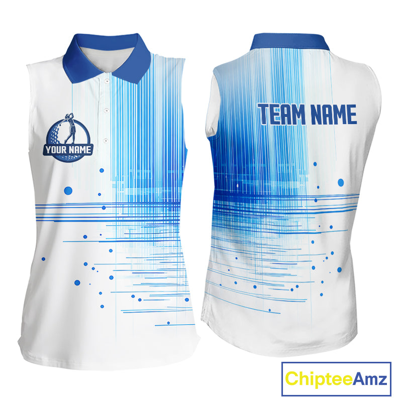 Womens Sleeveless Golf Polo Shirt Custom Blue Pattern Team Golf Tops, White Golf Golf Outfit For Ladies NHN0087