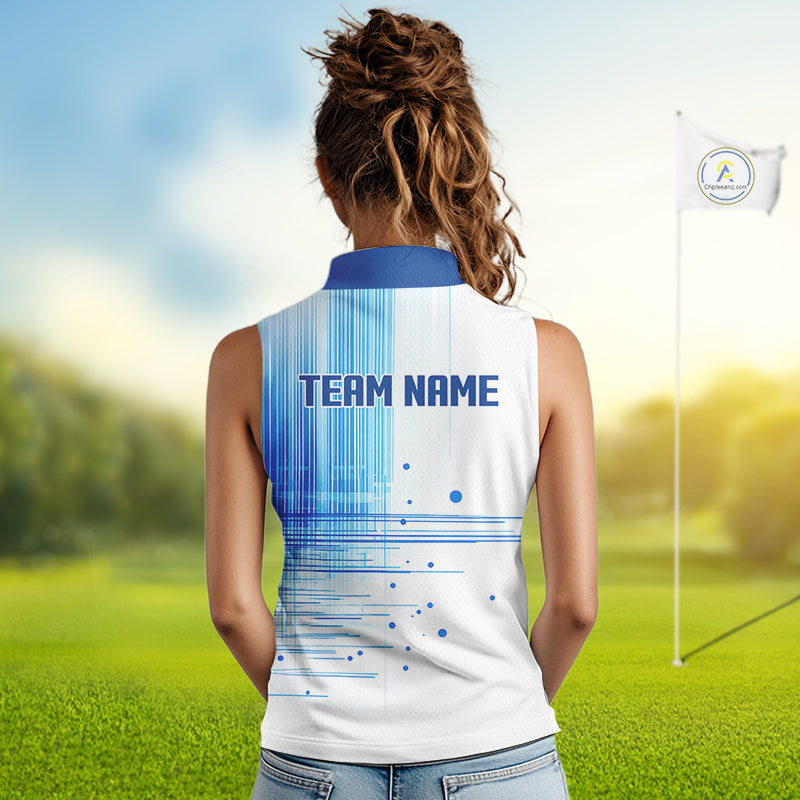 Womens Sleeveless Golf Polo Shirt Custom Blue Pattern Team Golf Tops, White Golf Golf Outfit For Ladies NHN0087