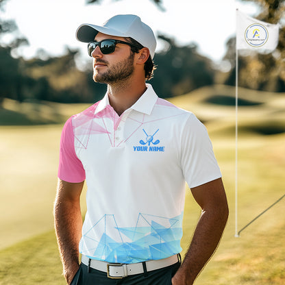 Blue And Pink Polygonal Pattern Mens Golf Polo Shirts Custom White Golf Clubs Golf Shirt For Men NHN0098