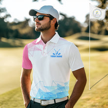 Load image into Gallery viewer, Blue And Pink Polygonal Pattern Mens Golf Polo Shirts Custom White Golf Clubs Golf Shirt For Men NHN0098