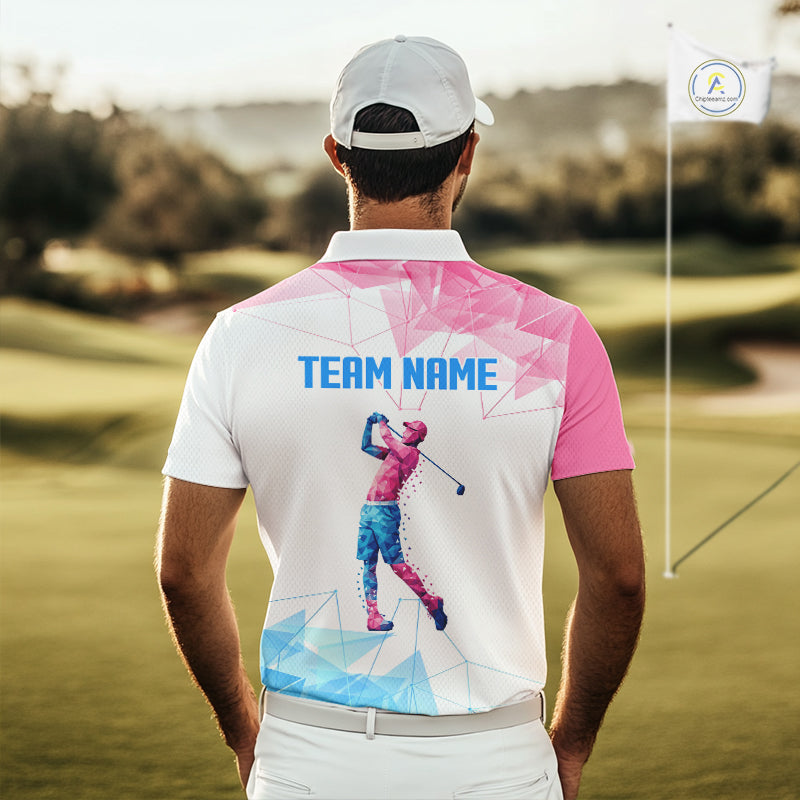 Blue And Pink Polygonal Pattern Mens Golf Polo Shirts Custom White Golf Clubs Golf Shirt For Men NHN0098