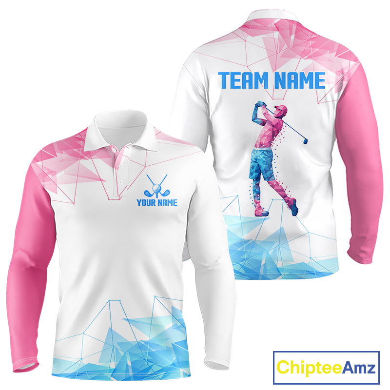 Long Sleeve Golf Polo Shirt Blue & Pink Polygonal Pattern Custom White Golf Clubs Golf Shirts For Men NHN0098