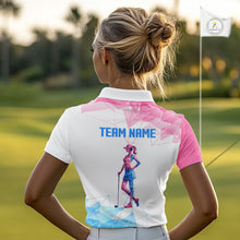 Load image into Gallery viewer, Womens Golf Polo Shirts Blue And Pink Polygonal Pattern Custom Name White Golf Shirts For Ladies NHN0098
