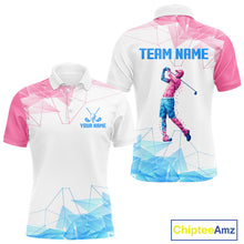 Load image into Gallery viewer, Blue And Pink Polygonal Pattern Mens Golf Polo Shirts Custom White Golf Clubs Golf Shirt For Men NHN0098