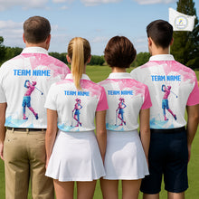 Load image into Gallery viewer, Womens Golf Polo Shirts Blue And Pink Polygonal Pattern Custom Name White Golf Shirts For Ladies NHN0098